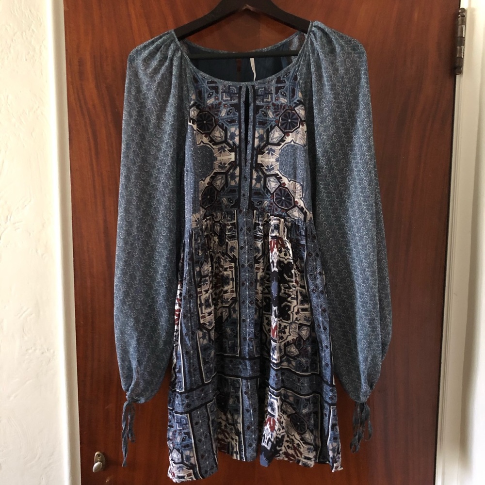 Free People Blue Patterned Long Sleeve Mini Dress